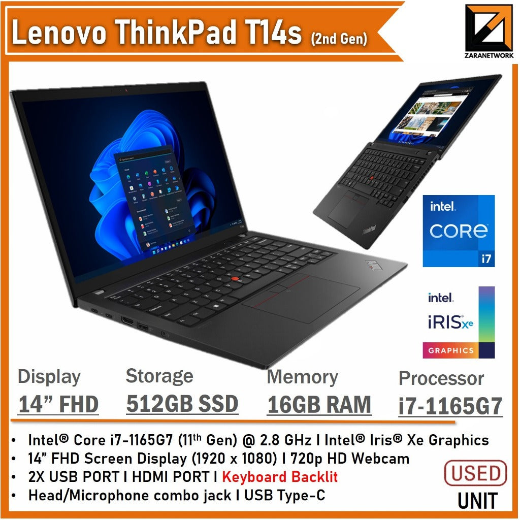 Lenovo ThinkPad T14s Gen 2 (1 YEAR WARRANTY T&C)Core i7 11th Gen 14" FHD Upto 16GB RAM Win 11
