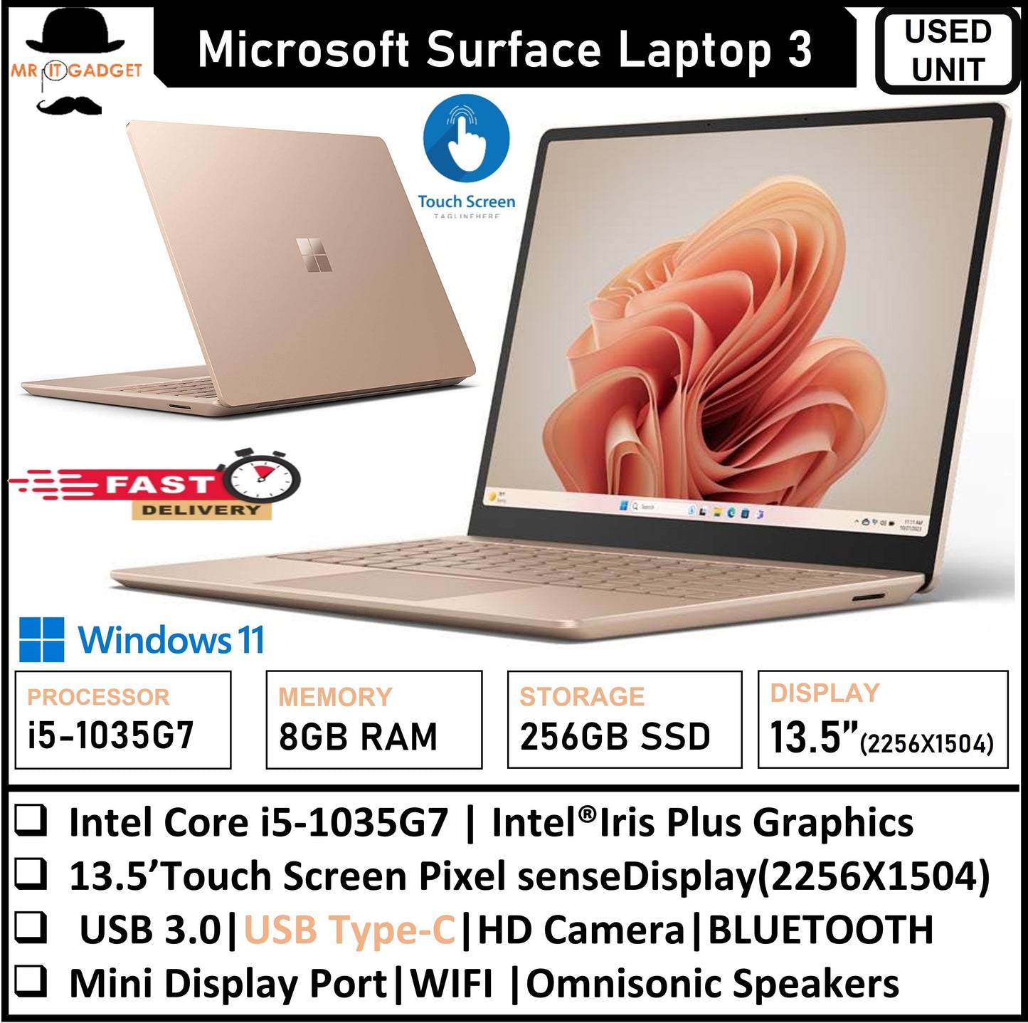SURFACE LAPTOP 3 intel core i5-1035G7(10TH GEN)13.5 TOUCHSCREEN DISPLAY 8GB RAM 256GB SSD