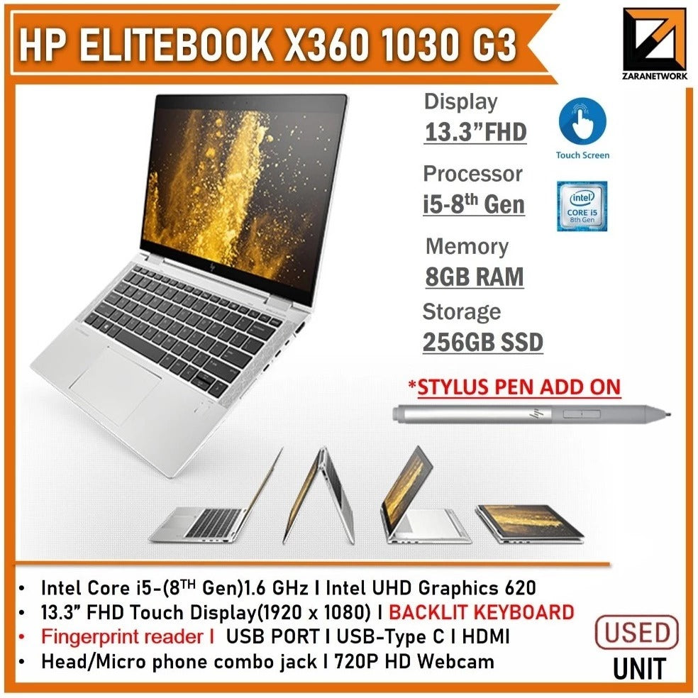 HP ELITEBOOK 1030 G3 CORE i7/i5-8th GEN 13.3 FHD TOUCH SCREEN 16GB RAM UPTO 1TB SSD WINDOW 10/11