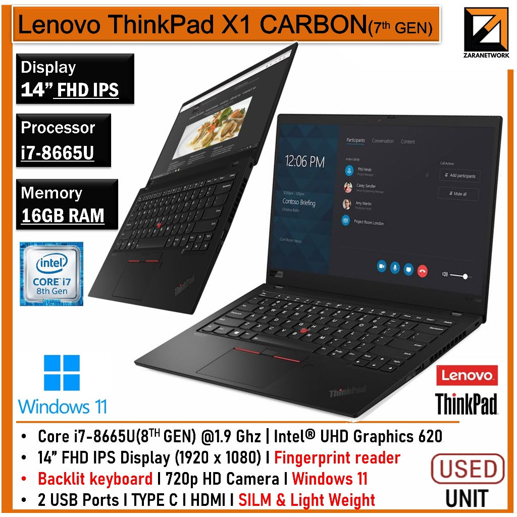 LENOVO THINKPAD X1 CARBON (7 GEN) i7-8GEN 16GB RAM UPTO 1TB SSD 14 FHD IPS SCREEN BACKLIGHT KEYBOARD WINDOW 11PRO