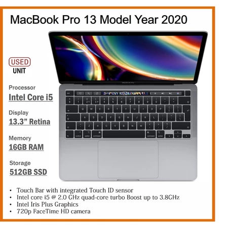 APPLE MACBOOK PRO 13 MODEL YEAR 2020 CORE i5 16GB RAM 512GB APPLE MACBOOK PRO 13 MODEL YEAR 2020 CORE i5 16GB RAM 512GB