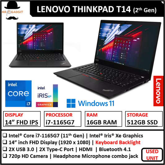 Lenovo ThinkPad T14 Gen 2 (1 YEAR WARRANTY T&C)Core i7 11th Gen 14" FHD Upto 32GB RAM Win 11