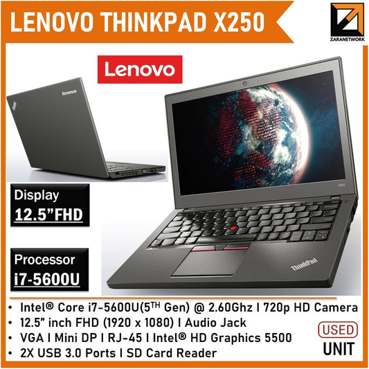LENOVO THINKPAD X250 CORE i7-5TH GEN 12.5 INCH FHD DISPLAY