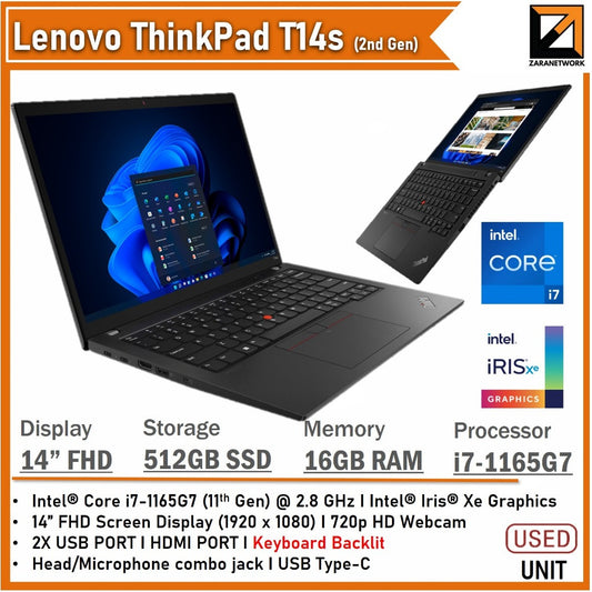 Lenovo ThinkPad T14s Gen 2 (1 YEAR WARRANTY T&C)Core i7 11th Gen 14" FHD Upto 16GB RAM Win 11
