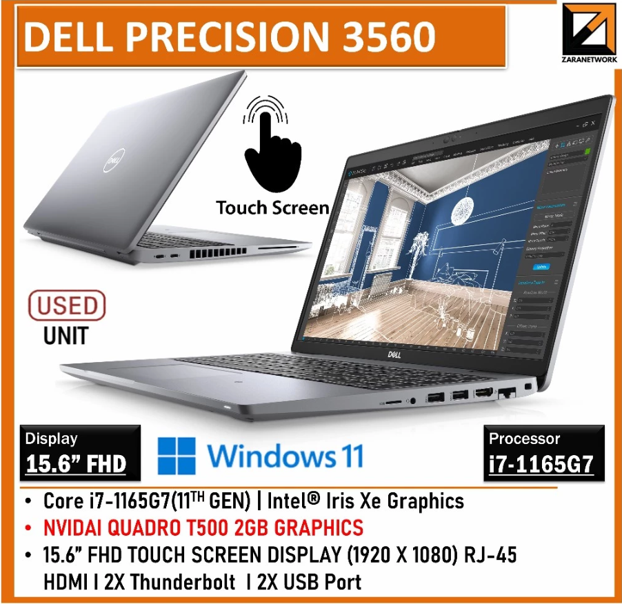 DELL Precision 3560 (1 YEAR WARRANTY T&C ) Intel Core i7-1165G7 | 15.6" TOUCH SCREEN DISPLAY | UPTO 16GB RAM | Win 11 PRO