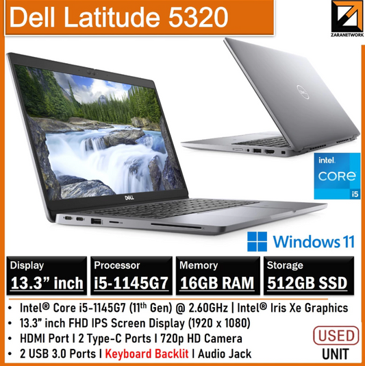 Dell Latitude 5320 (1 YEAR WARRANTY T&C) 13.3" FHD Core i5-11th GEN UPTO 16GB RAM / 1TB SSD WIN 11