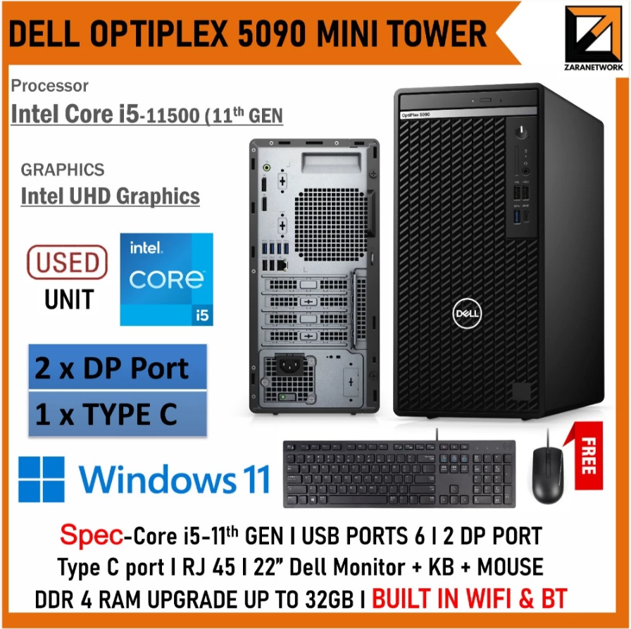 Dell OPTIPLEX 5090 MT PC Core i5 (11th GEN) 22"inch Monitor UPTO 32GB RAM Built in WiFi Windows 11