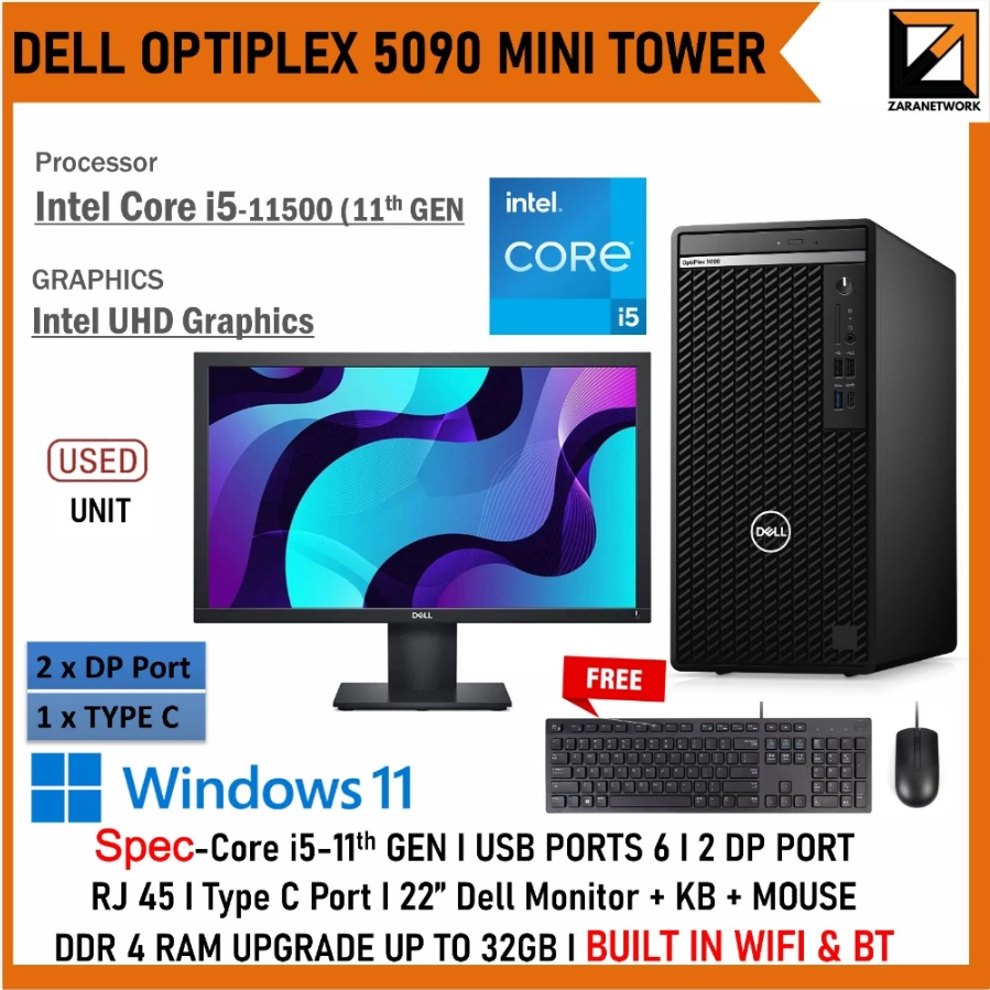 Dell OPTIPLEX 5090 MT PC Core i5 (11th GEN) 22"inch Monitor UPTO 32GB RAM Built in WiFi Windows 11