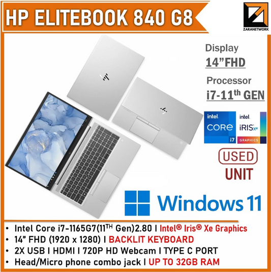 HP Elitebook 840 G8 (1 YEAR WARRANTY T&C) Core i7-11th GEN 14"FHD DISPLAY 32GB RAM WIN 11