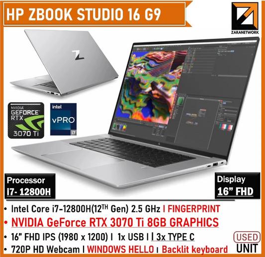 HP ZBOOK STUDIO 16 G9 (1 YEAR WARRANTY T&C) CORE i7-12th GEN | NVIDIA GeForce RTX3070Ti 8GB | 16" FHD UPTO 32GB WIN 11 PRO