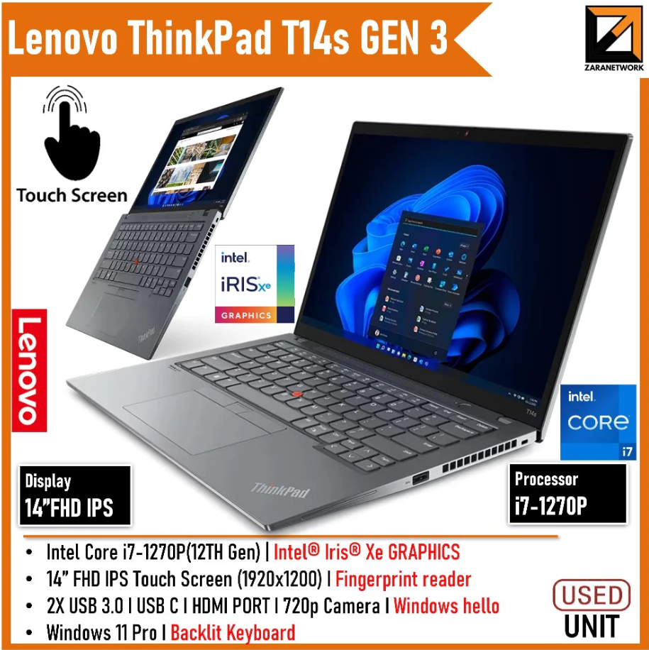Lenovo ThinkPad T14s GEN 3 (1 YEAR WARRANTY T&C)Core i7 1270P 12th GEN 14" TOUCH Display UPTO 32GB RAM