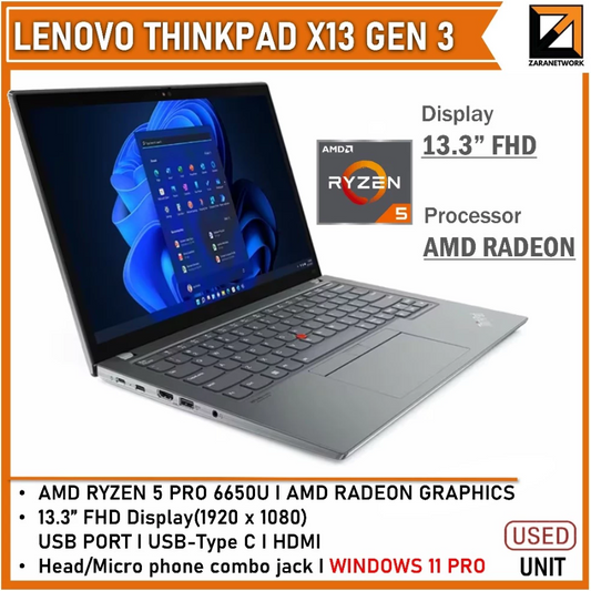 Lenovo Thinkpad X13 GEN 3 (1 YEAR WARRANTY T&C) AMD RYZEN 5 PRO 6650U |  13.3"inch FHD Display Upto 16GB RAM 1TB SSD