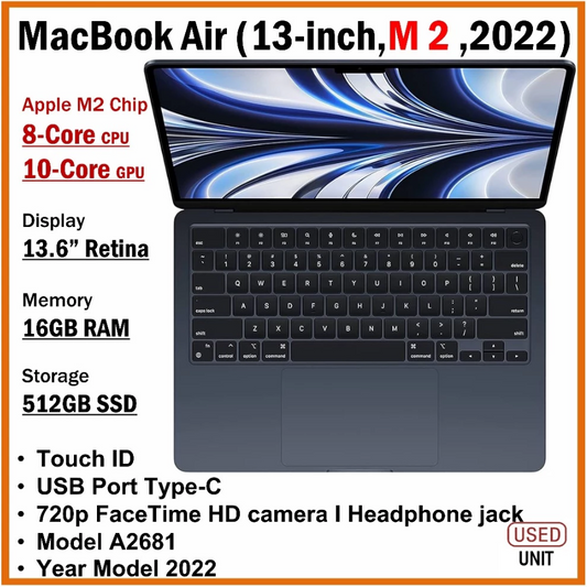 APPLE MACBOOK AIR 13" inch M2 Chip 16GB RAM 512GB SSD YEAR MODEL 2022 (Midnight color)