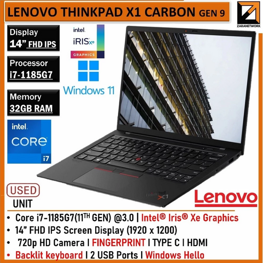 LENOVO ThinkPad X1 CARBON GEN 9 (1 YEAR LENOVO WARRANTY ) Core i7-11th 32GB RAM SLIM Win 11 PRO