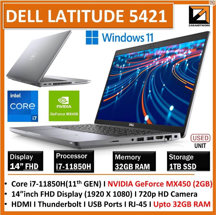 Dell Latitude 5421 (1 YEAR WARRANTY T&C) 14" FHD Core i7-11850H(11th GEN) Nvidia 2GB GPU WIN 11 Pro