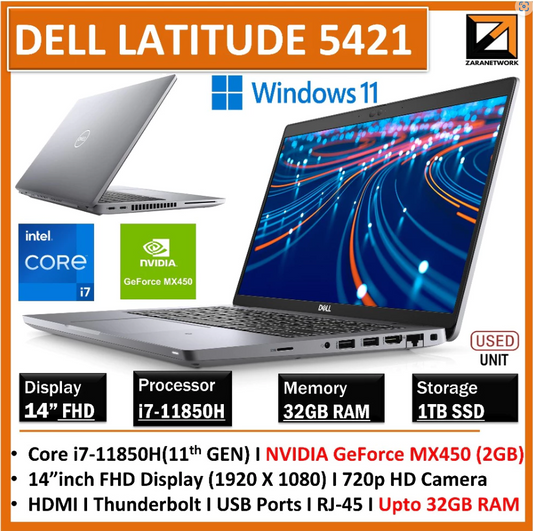 Dell Latitude 5421 (1 YEAR WARRANTY T&C) 14" FHD Core i7-11850H(11th GEN) Nvidia 2GB GPU WIN 11 Pro