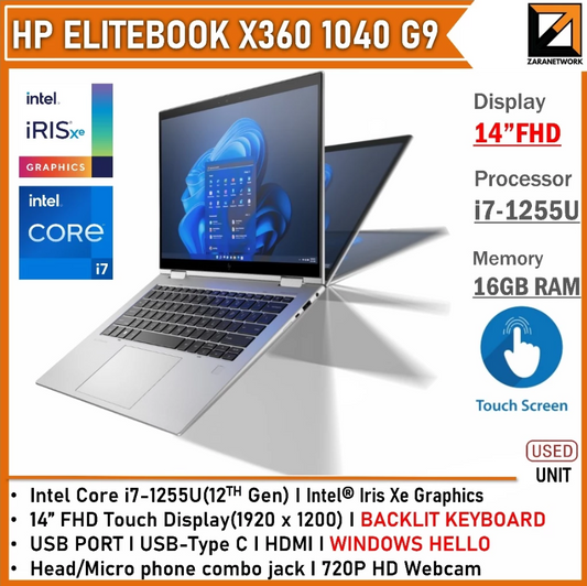 HP ELITEBOOK X360 1040 G9 Premium 14"inch Convertible Laptop(1 YEAR WARRANTY T&C)Core i7-12th GEN Win 11