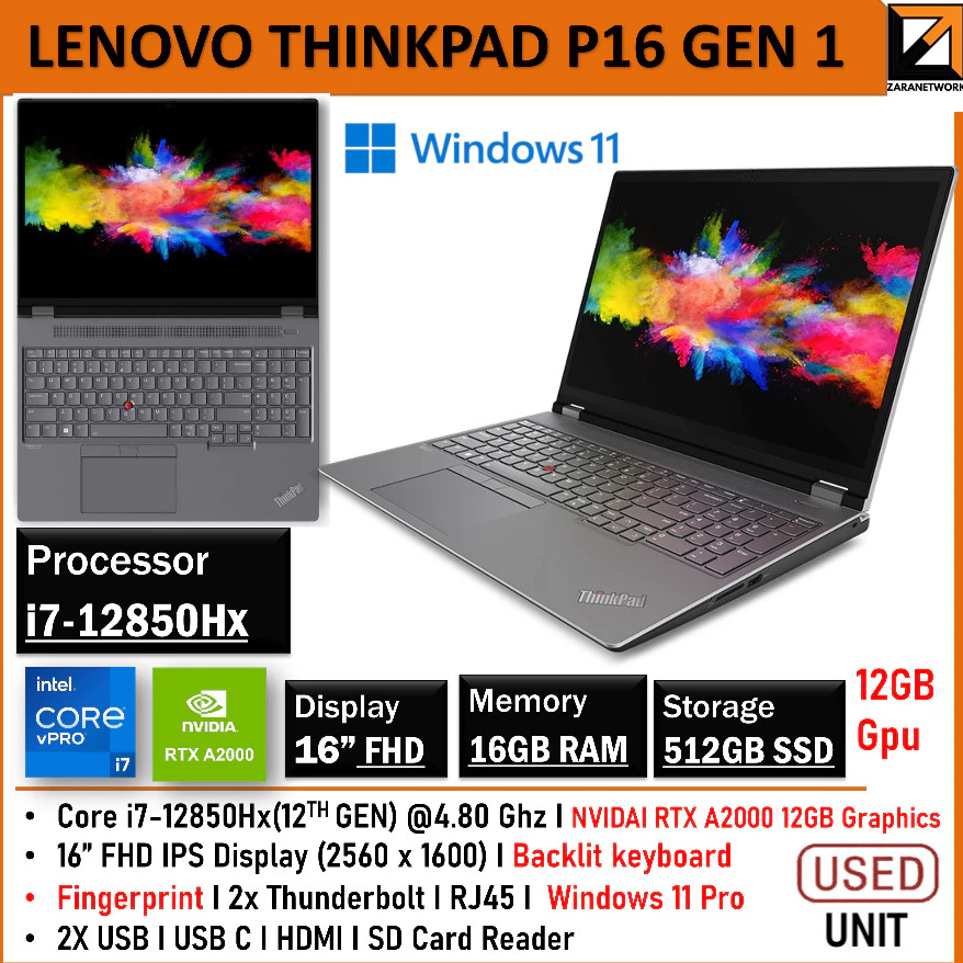 LENOVO THINKPAD P16 GEN 1 GAMING LAPTOP (1 YEAR WARRANTY T&C) 12GB Graphics Intel Core i7-12850Hx 16 Inch Windows 11
