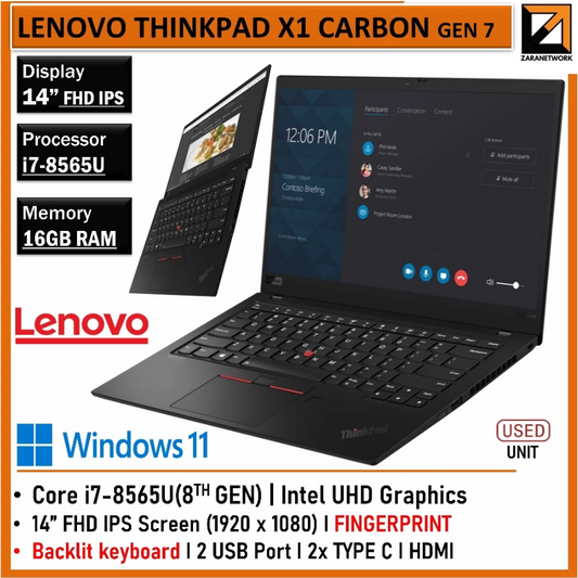 LENOVO THINKPAD X1 CARBON  (7 GEN) i7-8GEN 16GB RAM UPTO 1TB SSD 14 FHD IPS SCREEN BACKLIGHT KEYBOARD WINDOW 11PRO