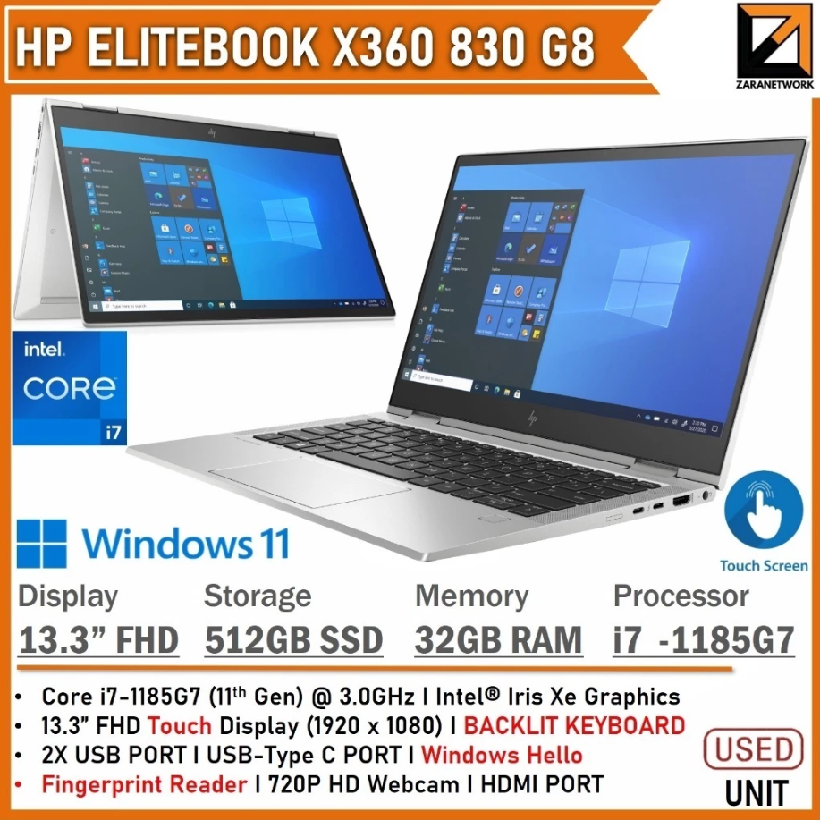 HP ELITEBOOK X360 830 G8 CORE i7-1185G7(11TH GEN) 13.3 FHD TOUCHSCREEN 1X 32GB SODIMM RAM UPGRADE TO 32GB