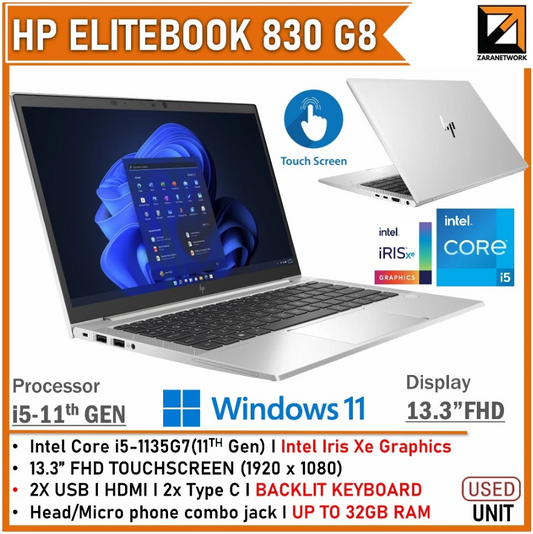 HP EliteBook 830 G8 (1 YEAR WARRANTY T&C) 13.3" inch TOUCHSCREEN Core i5-1135G7 Windows 11 PRO