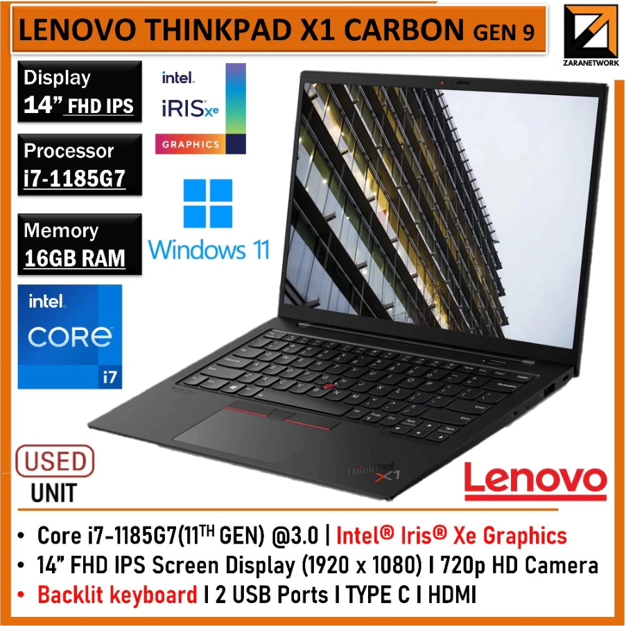 LENOVO ThinkPad X1 CARBON GEN 9 (1 YEAR LENOVO WARRANTY ) Core i7-11th 32GB RAM SLIM Win 11 PRO