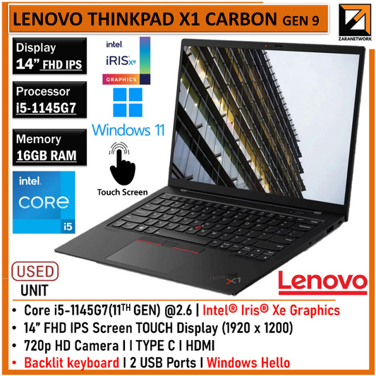 LENOVO THINKPAD X1 CARBON GEN 9 CORE i5-11GEN | FHD TOUCH SCREEN DISPLAY | 1 YEAR WARRANTY | UPTO 1TB SSD WINDOW 11PRO