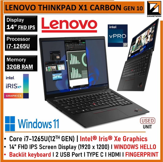 LENOVO ThinkPad X1 CARBON GEN 10 SLIM (1 YEAR WARRANTY T&C)Core i7-1265U (12th) 32GB RAM Win 11 Pro