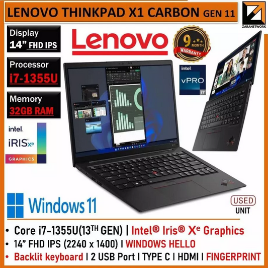 LENOVO ThinkPad X1 CARBON GEN 11 (1 YEAR WARRANTY T&C) Core i7-13th Laptop WIN 11 Pro