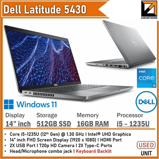 DELL Latitude 5430 (1 YEAR WARRANTY T&C ) Intel Core i5-1235U | UPTO 16GB RAM | Win 11 PRO - Zaranet.my