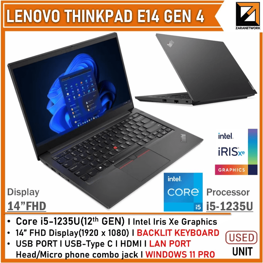 Lenovo ThinkPad E14 GEN 4 (1 YEAR WARRANTY T&C) Intel Core i5-1235U 14" inch Up to 16GB RAM WIN 11 PRO - Zaranet.my