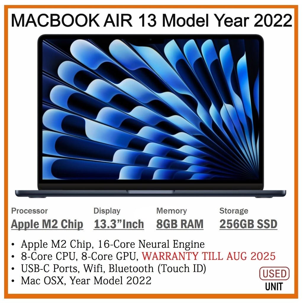 MACBOOK AIR 13 YEAR 2022 M2 CHIP 8GB RAM 256GB SSD 13.3INCH DISPLAY WARRANTY TILL AUG-2025 - Zaranet.my