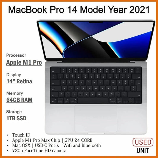 MACBOOK PRO 14 YEAR 2021 14INCH RETINA DISPLAY 64GB RAM 1TB SSD APPLE M1 PRO - Zaranet.my